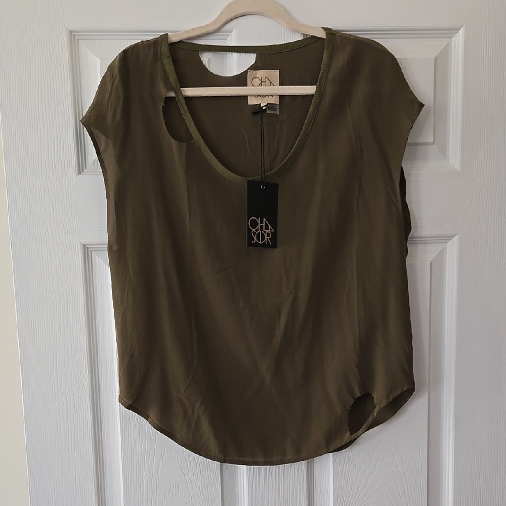 NWT Chaser Distressed Olive Green Short Sleeve Silk Blouse
